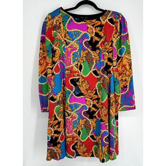 Diane Freis Vintage 1980's Graphic Printed Silk Tunic Mini Dress Multicolored XL - Picture 1 of 6